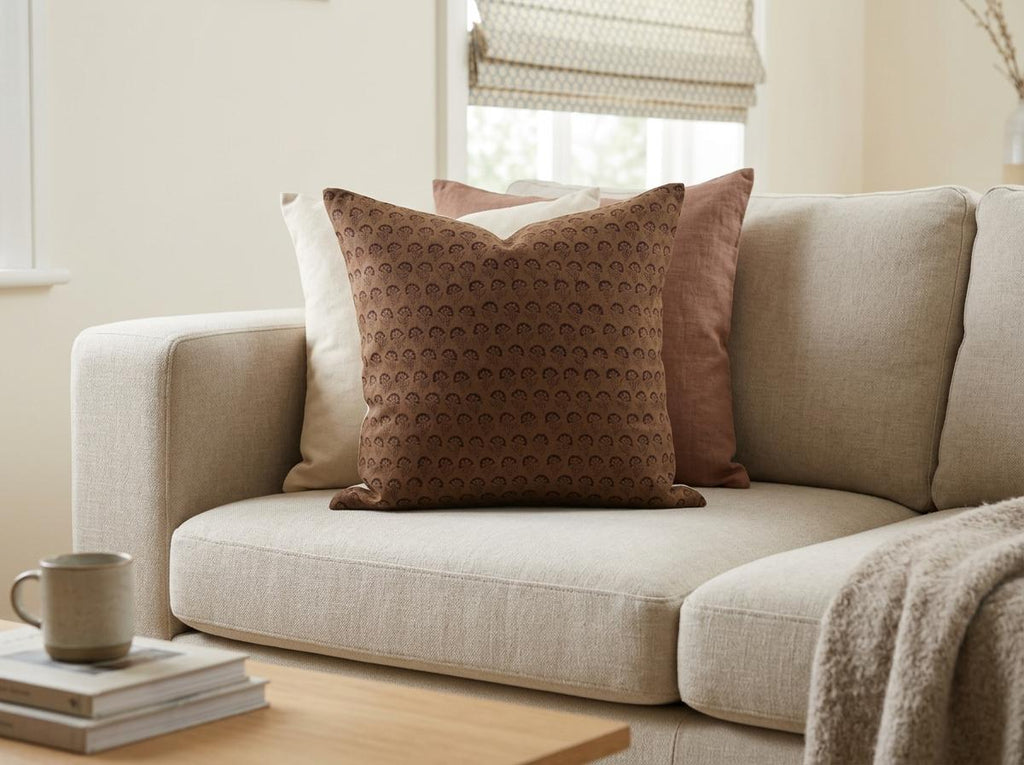Hidden zipper closure on brown floral linen cushion cover