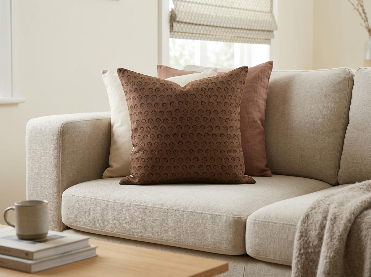 Hidden zipper closure on brown floral linen cushion cover