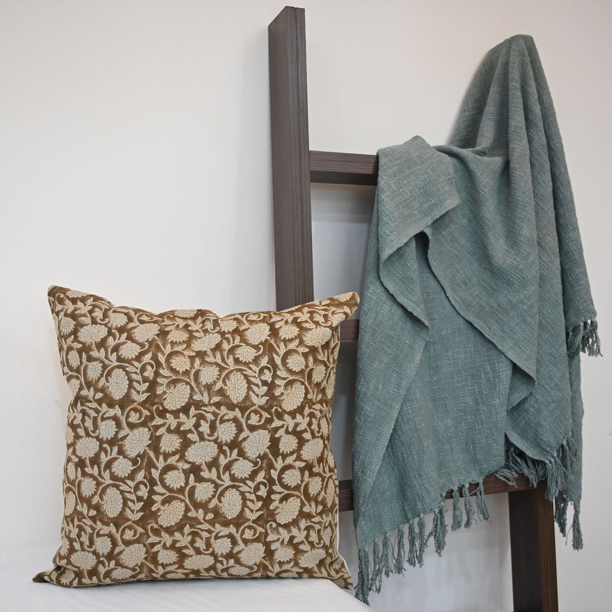 Macy Soft Tan Linen Block Print Pillow Cover