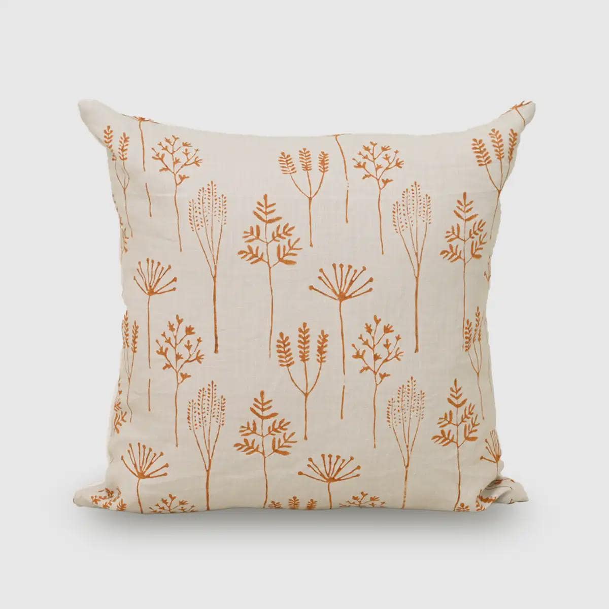 Rust terracotta botanical hand block print linen pillow cover, front view