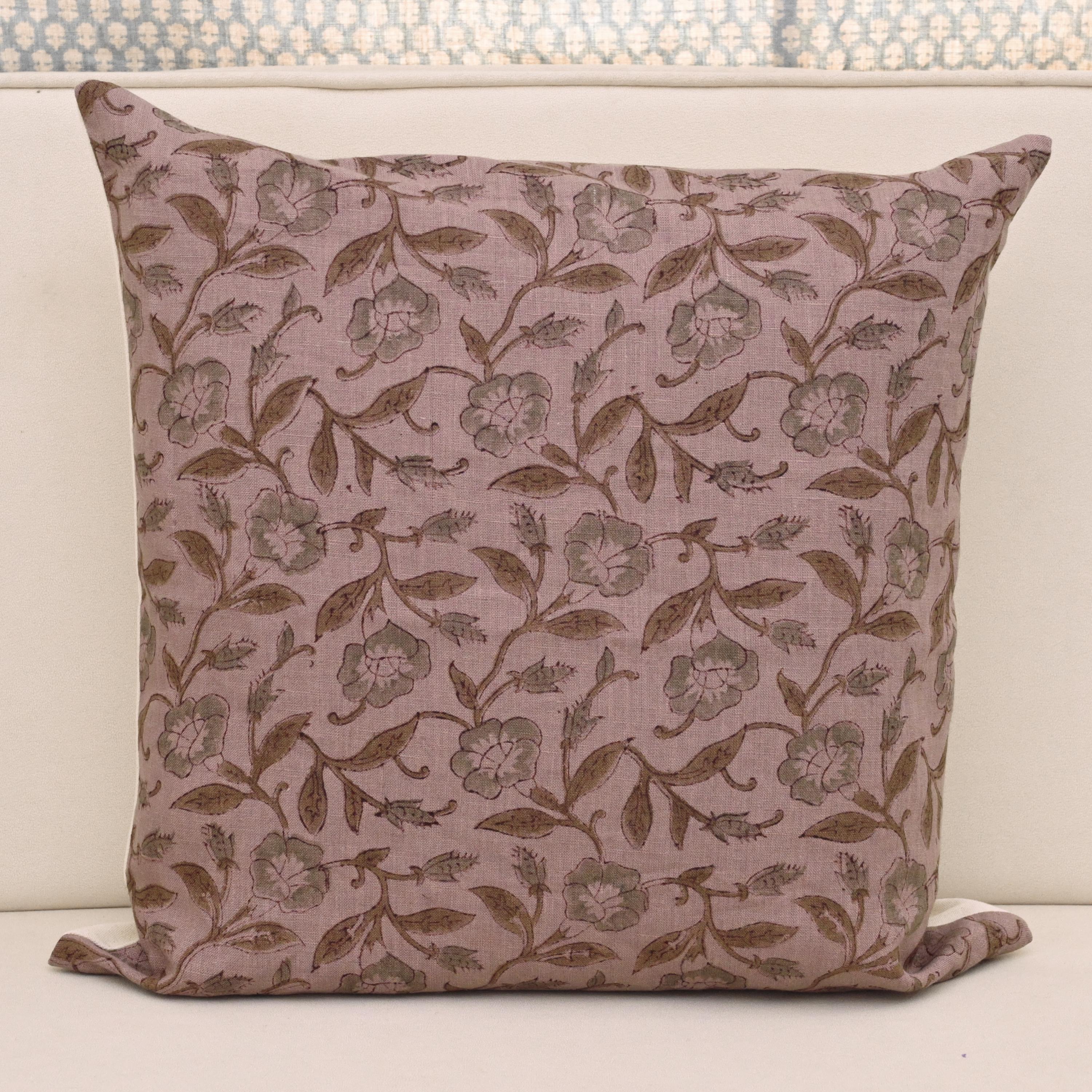 Dusty mauve linen pillow cover with hand block printed floral vine in sage grey and olive, front view