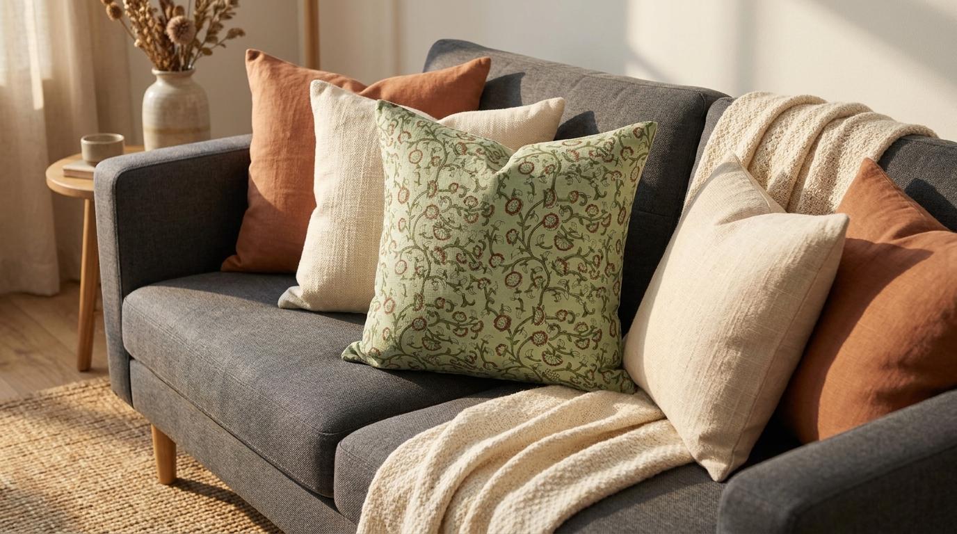 Sage green jaal linen pillow cover styled in a living room