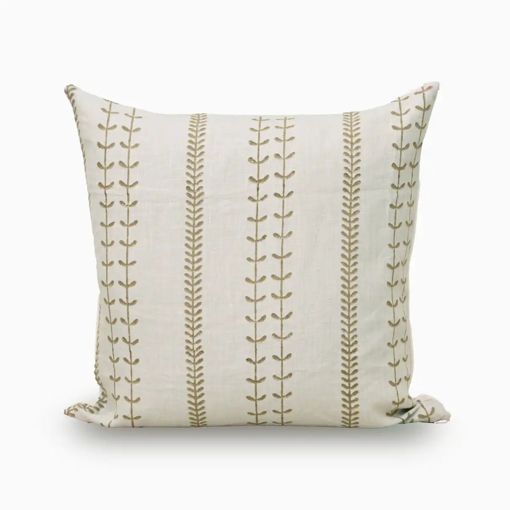 Olive green block print vine stripe linen cushion cover on white background