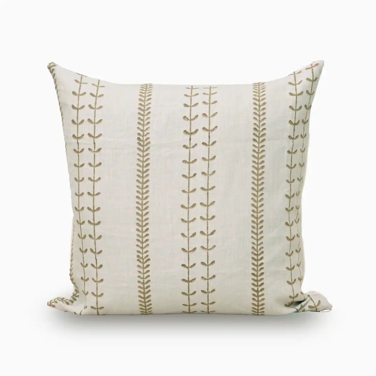 Olive green block print vine stripe linen cushion cover on white background