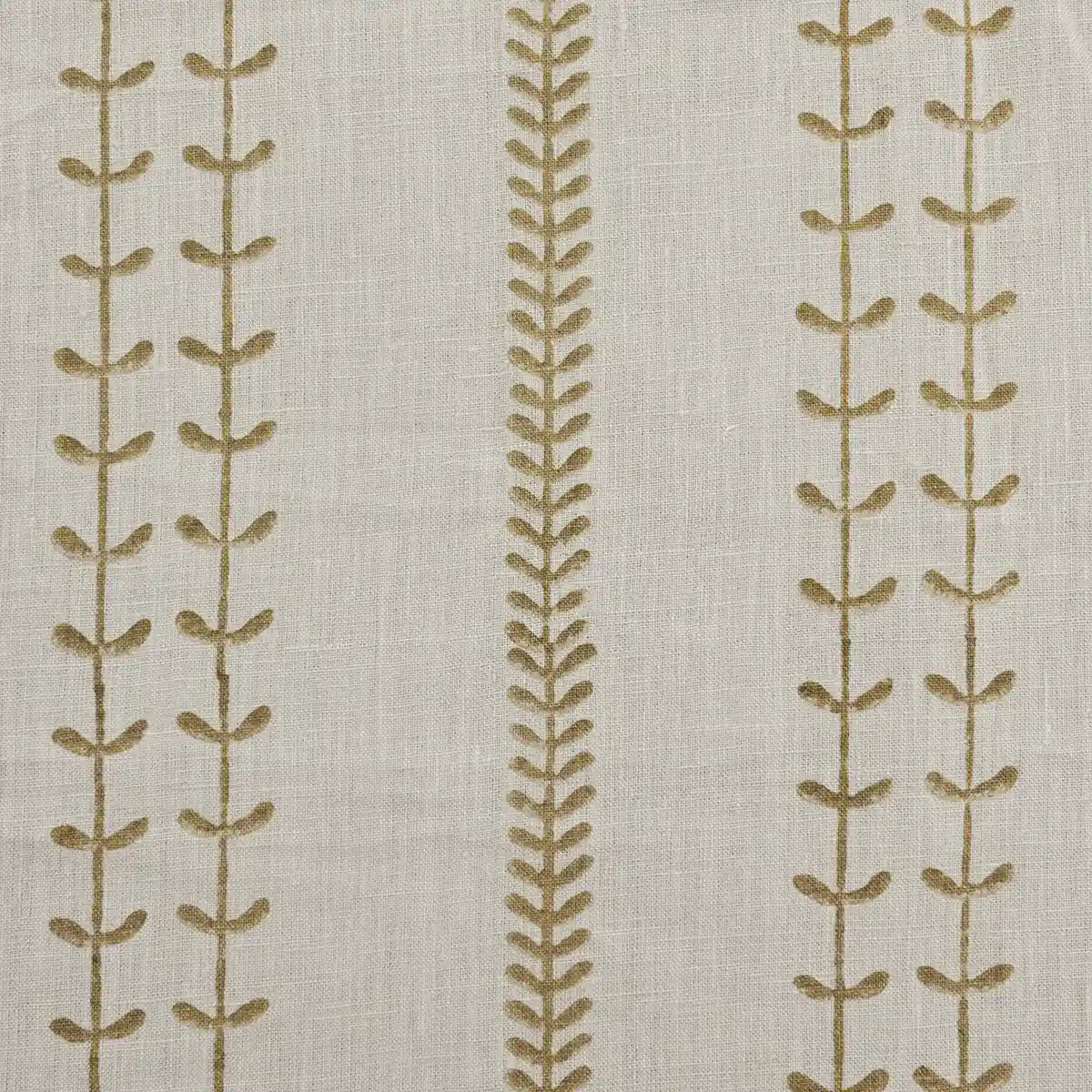 Close-up of hand block printed vine stripe pattern on natural linen fabric