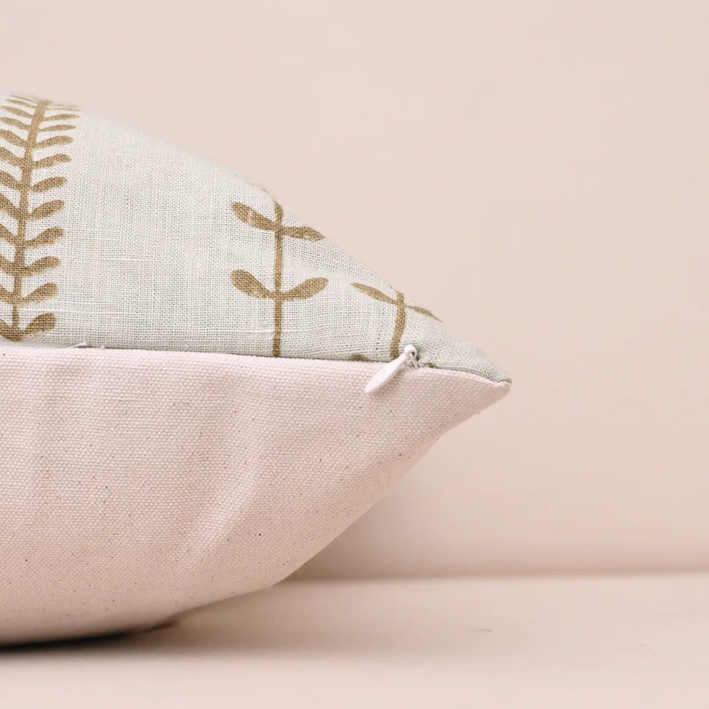 Hidden zipper closure detail on block print linen cushion cover