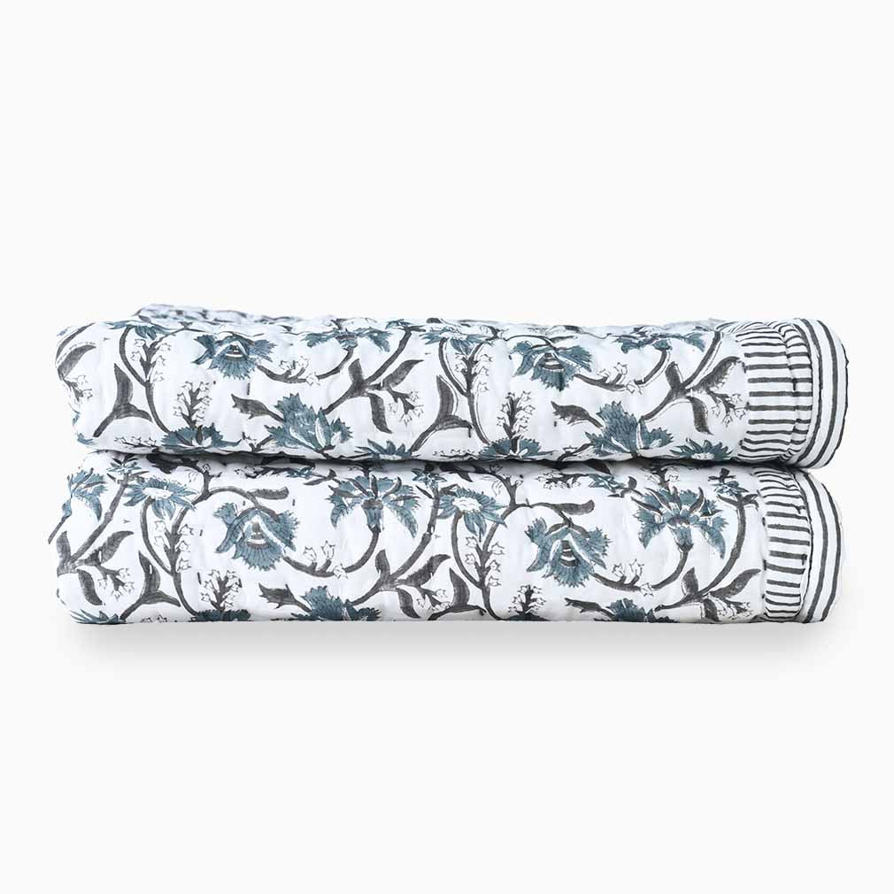 Andrea Ice Blue Floral Hand Block Print Cotton Quilt