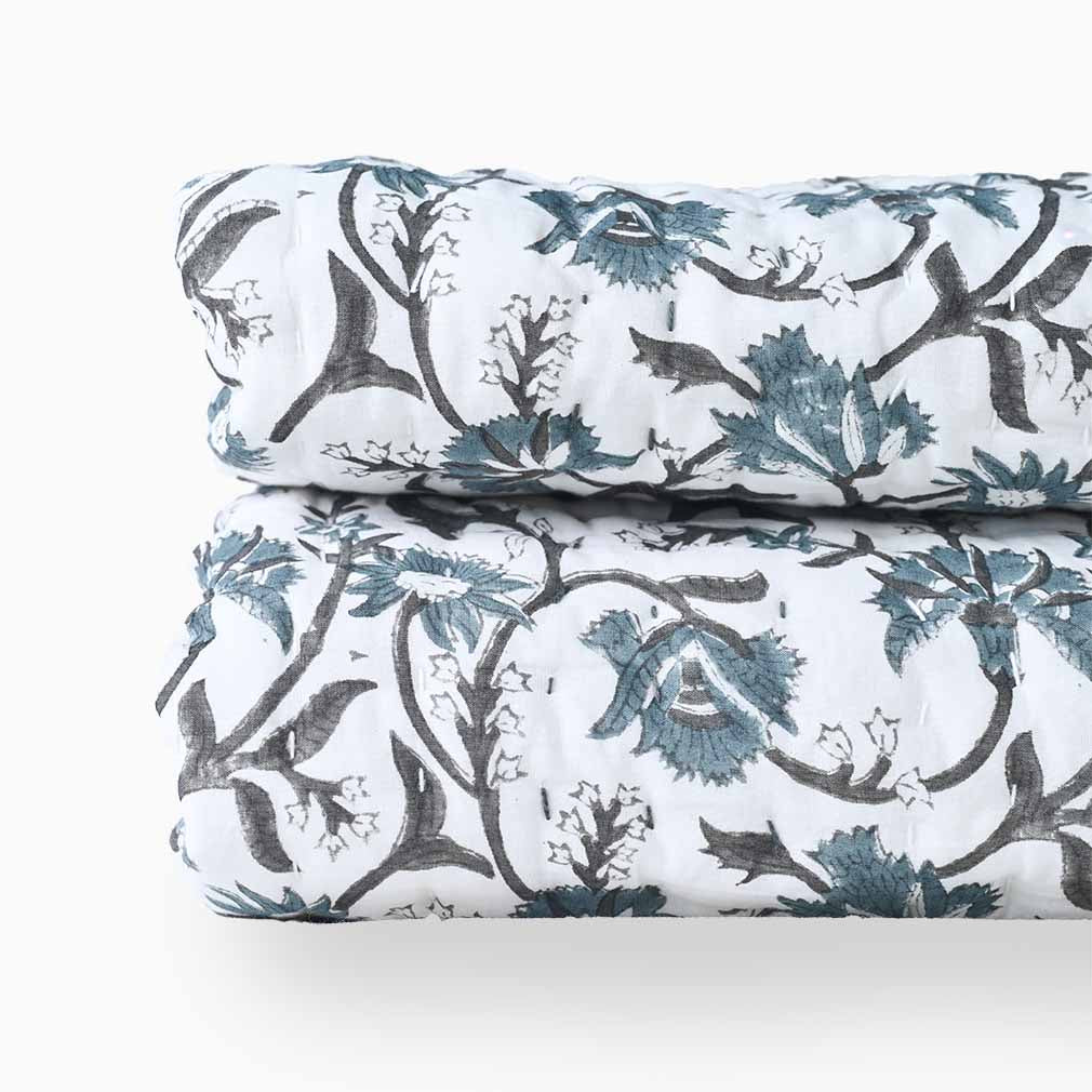 Andrea Ice Blue Floral Hand Block Print Cotton Quilt