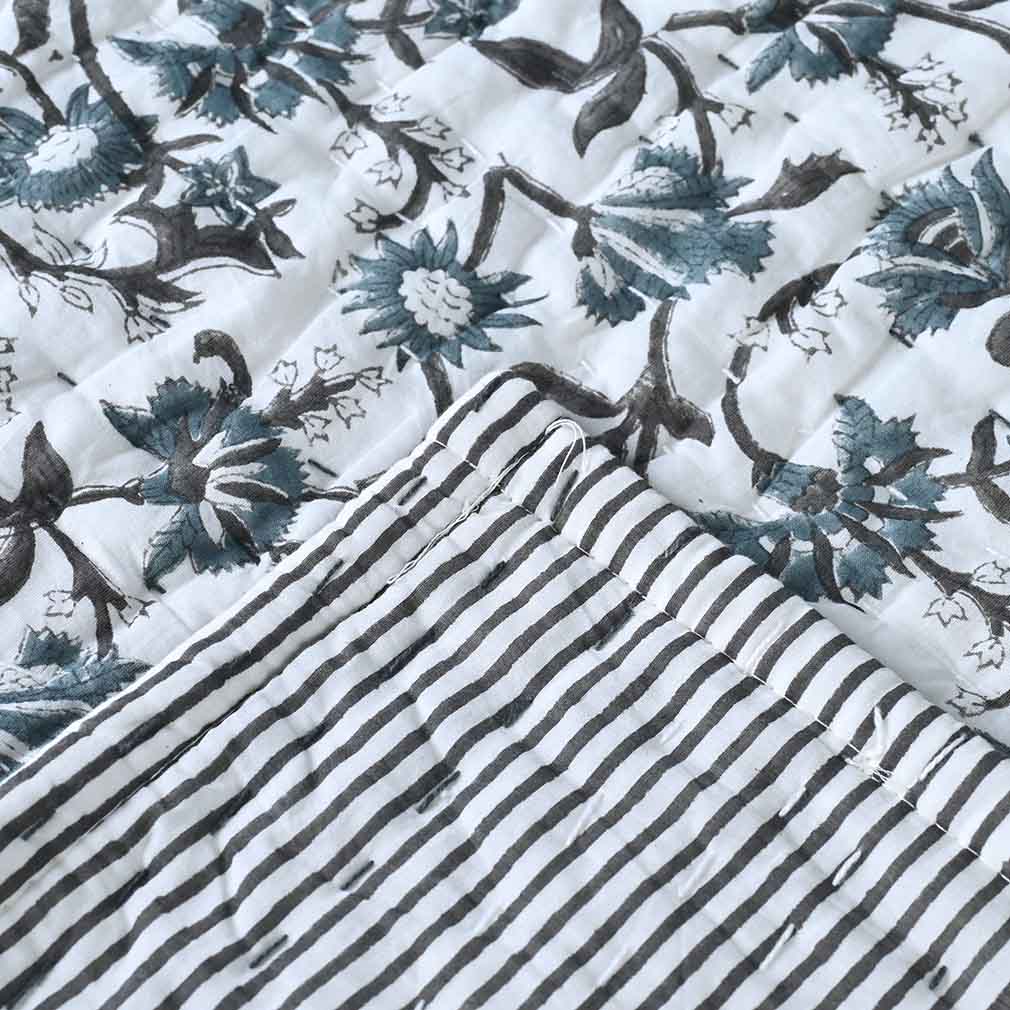 Andrea Ice Blue Floral Hand Block Print Cotton Quilt