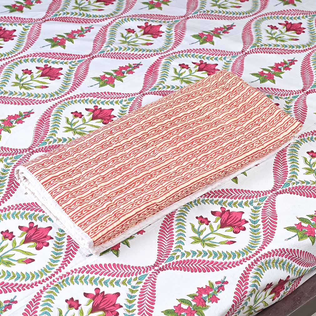 Scarlet Carnation Hand Block Printed Quilt
