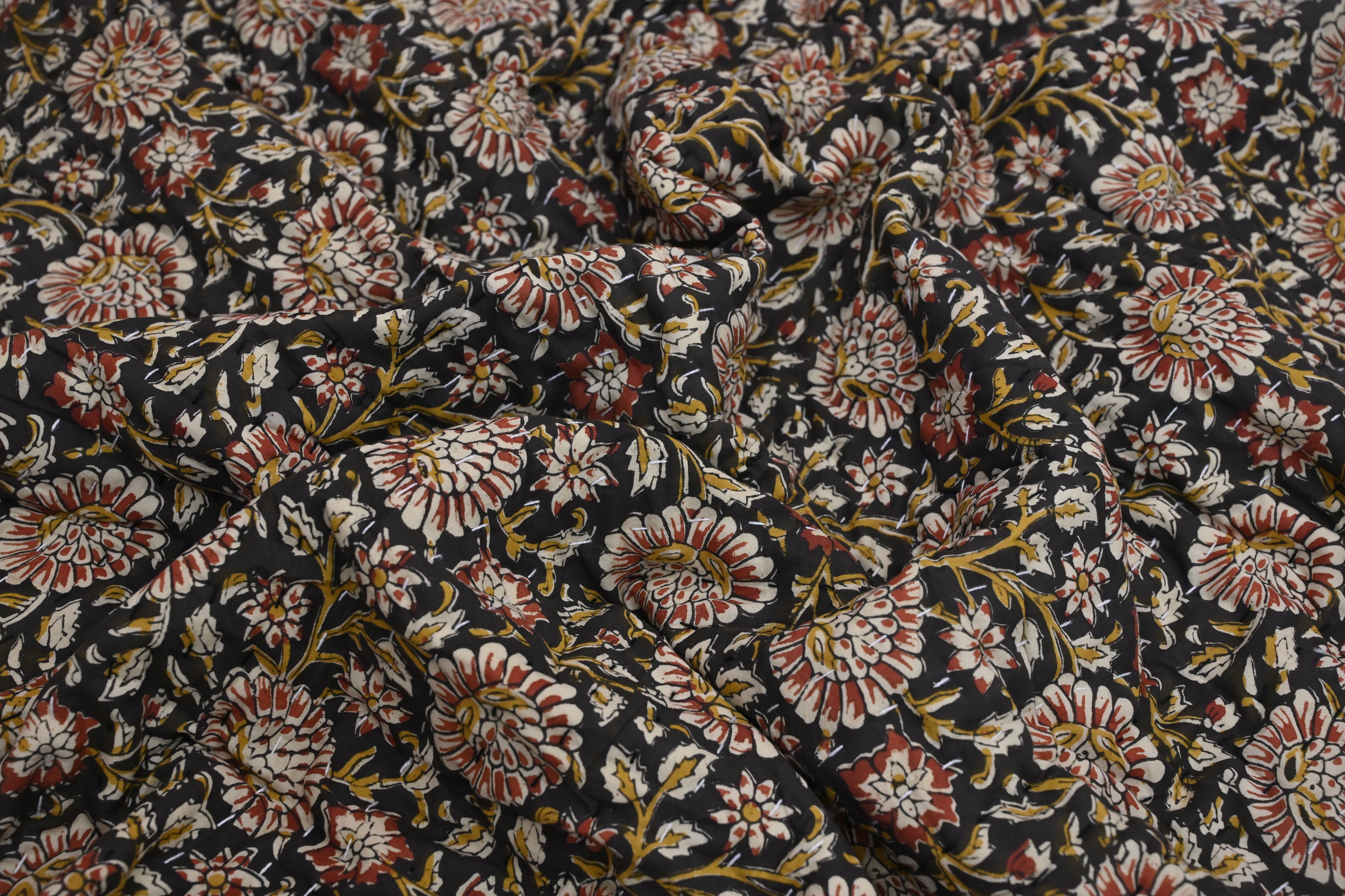 Andrea Ice Blue Floral Hand Block Print Cotton Quilt
