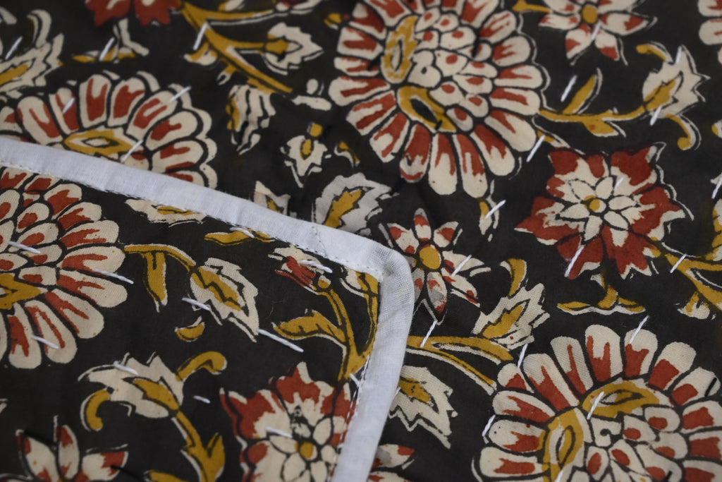 Andrea Ice Blue Floral Hand Block Print Cotton Quilt