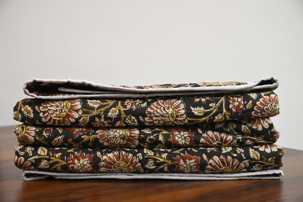 Andrea Ice Blue Floral Hand Block Print Cotton Quilt