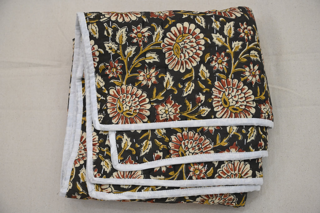 Andrea Ice Blue Floral Hand Block Print Cotton Quilt