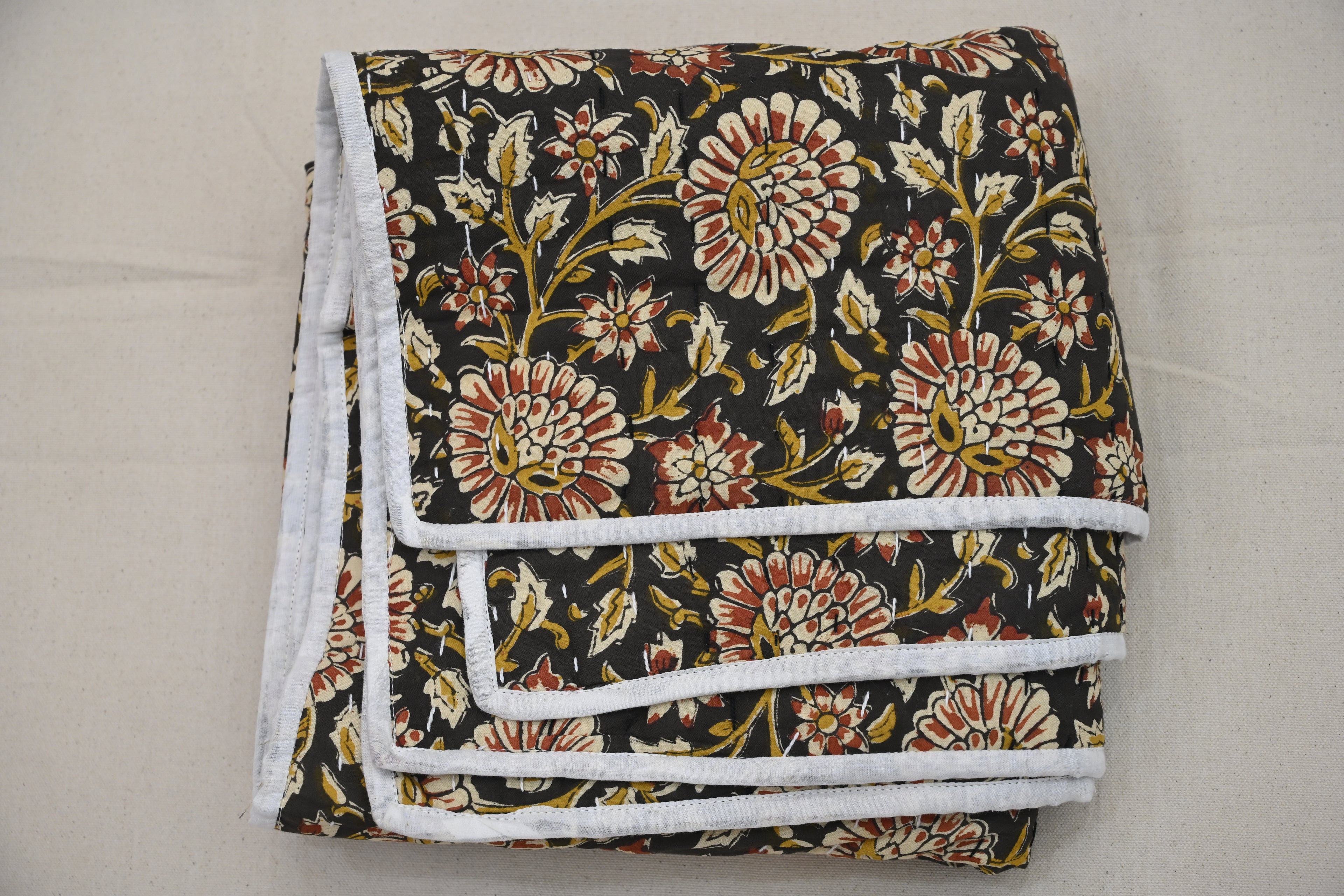 Andrea Ice Blue Floral Hand Block Print Cotton Quilt
