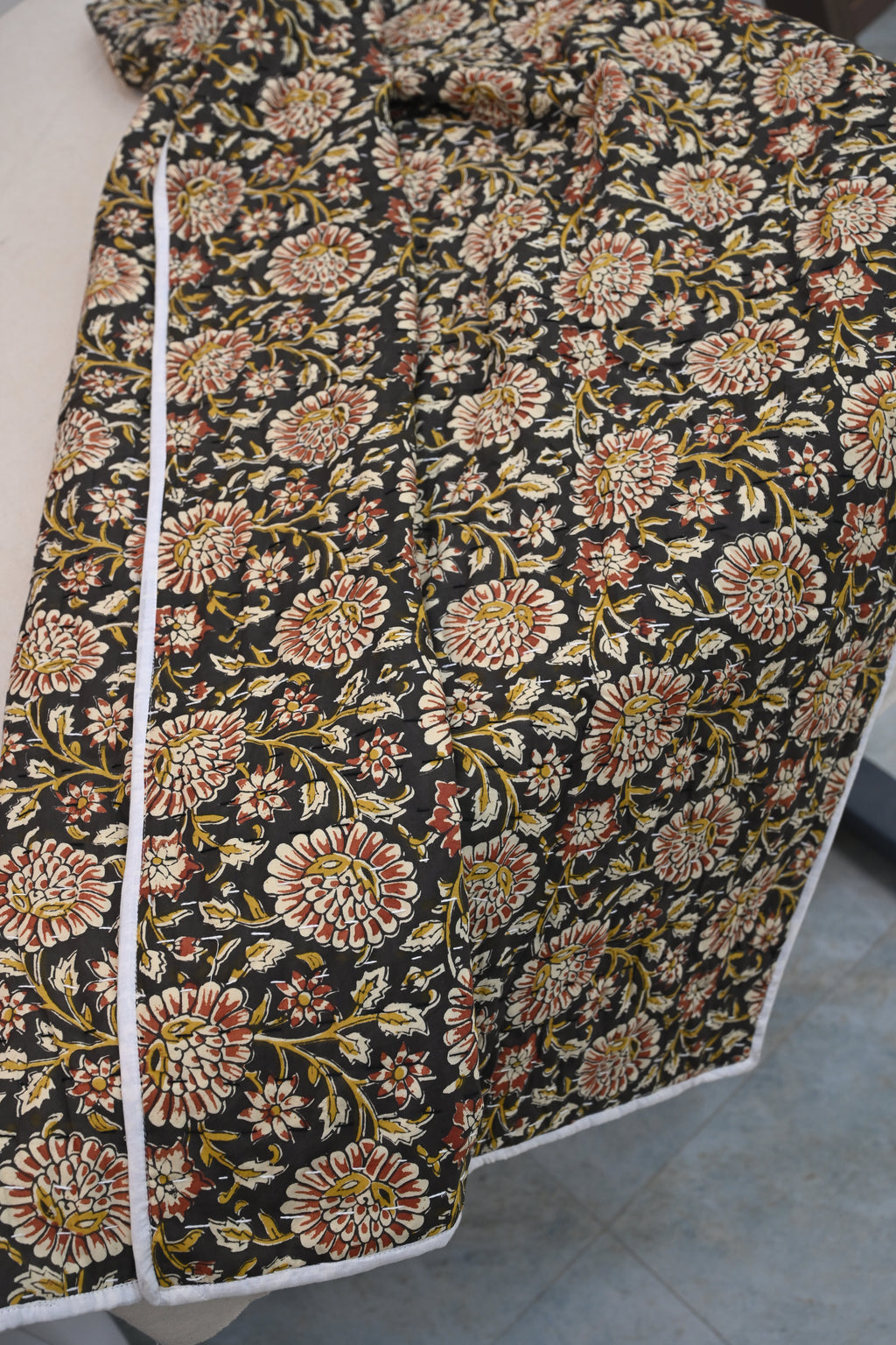 Andrea Ice Blue Floral Hand Block Print Cotton Quilt