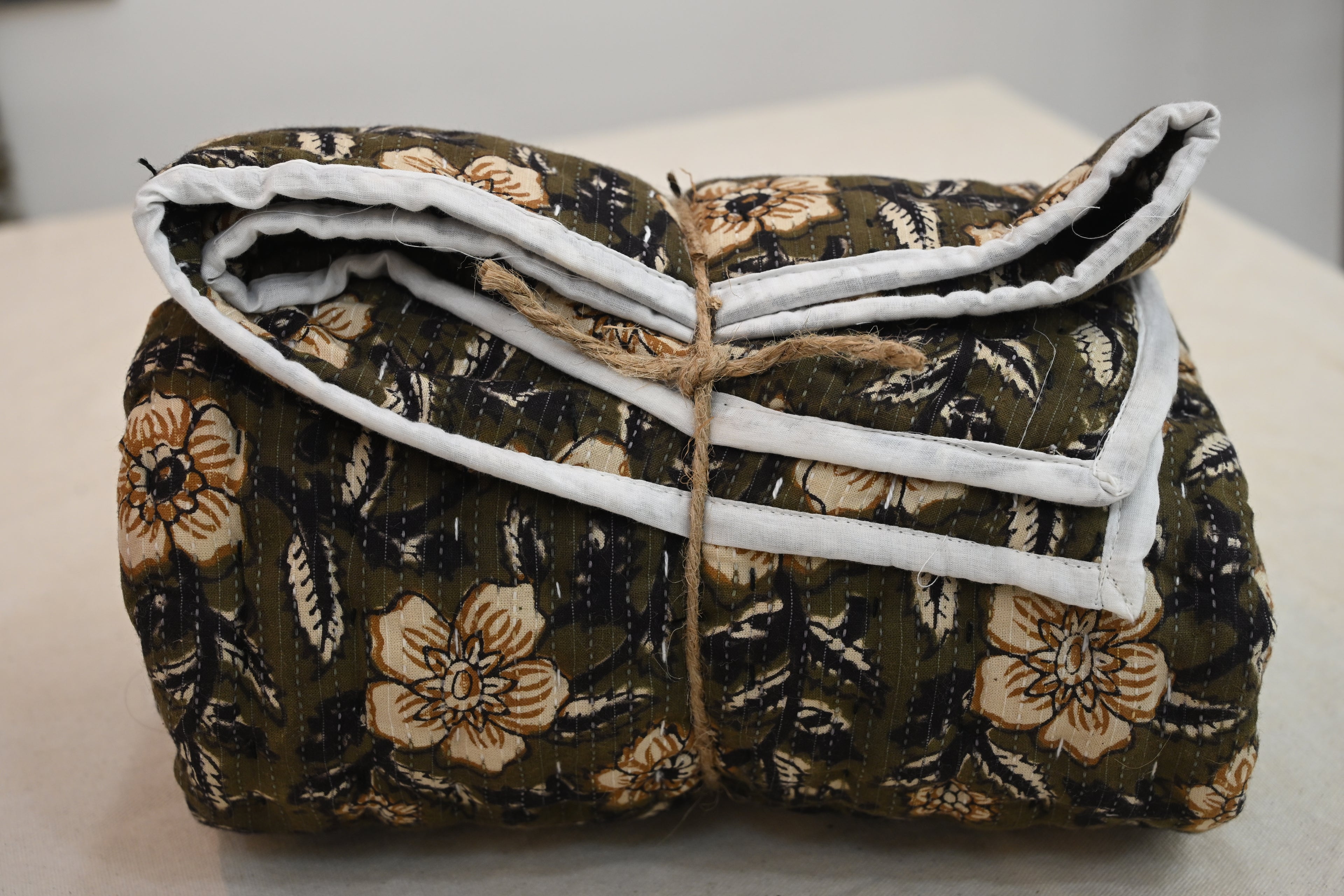 Andrea Ice Blue Floral Hand Block Print Cotton Quilt