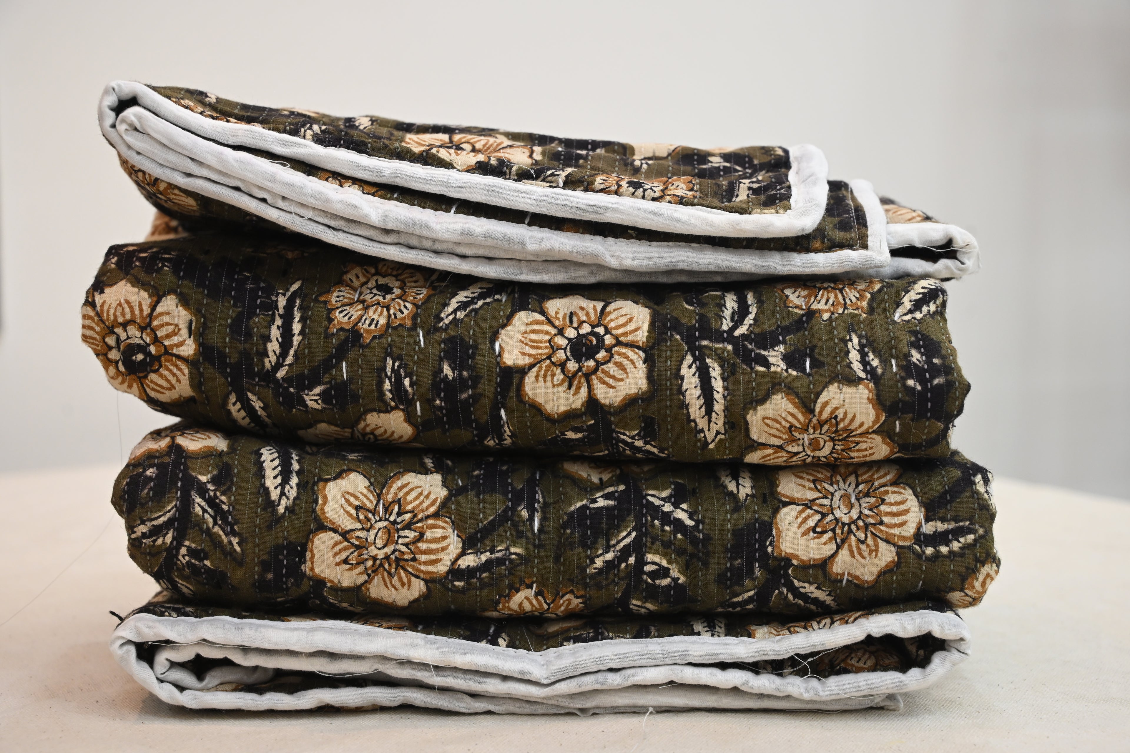 Andrea Ice Blue Floral Hand Block Print Cotton Quilt