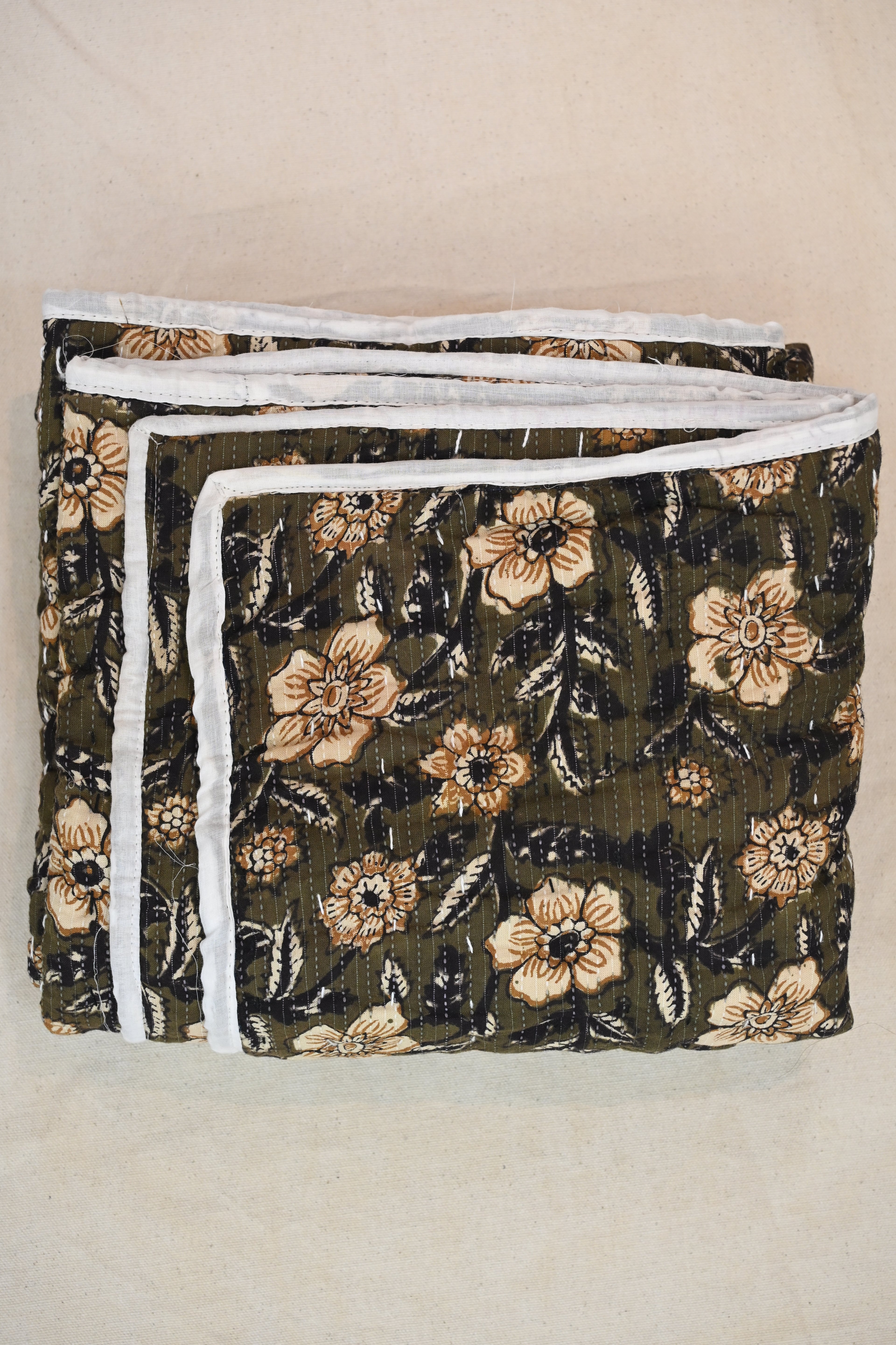 Andrea Ice Blue Floral Hand Block Print Cotton Quilt