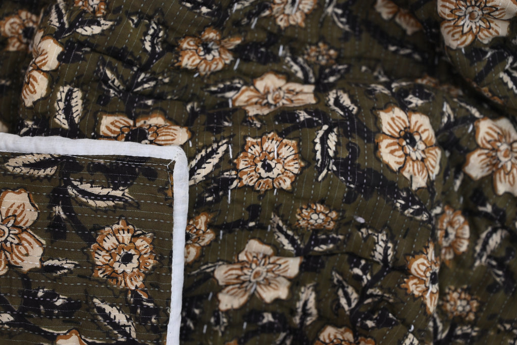 Andrea Ice Blue Floral Hand Block Print Cotton Quilt