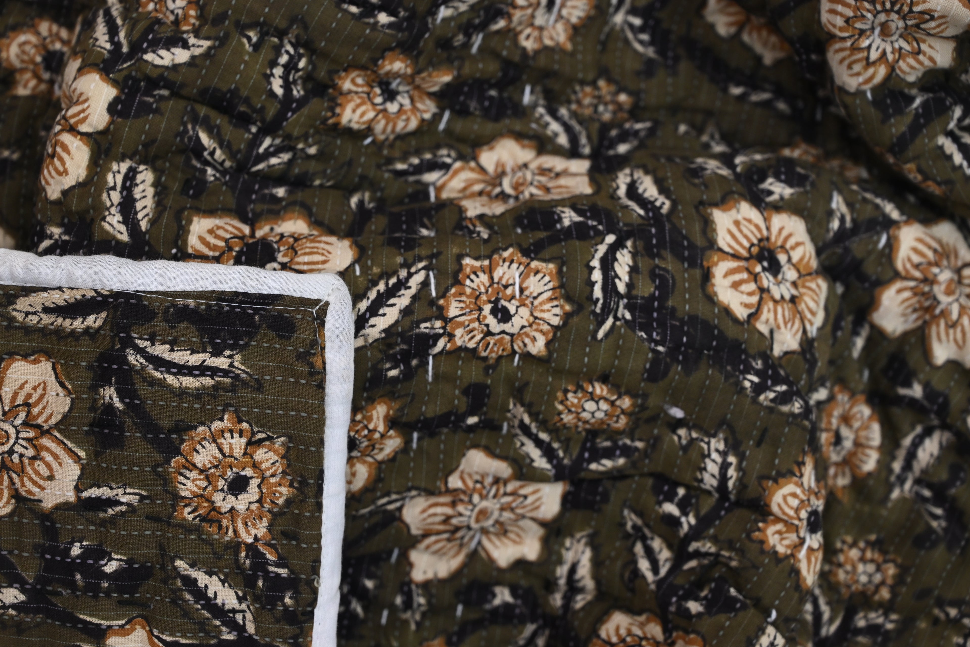 Andrea Ice Blue Floral Hand Block Print Cotton Quilt