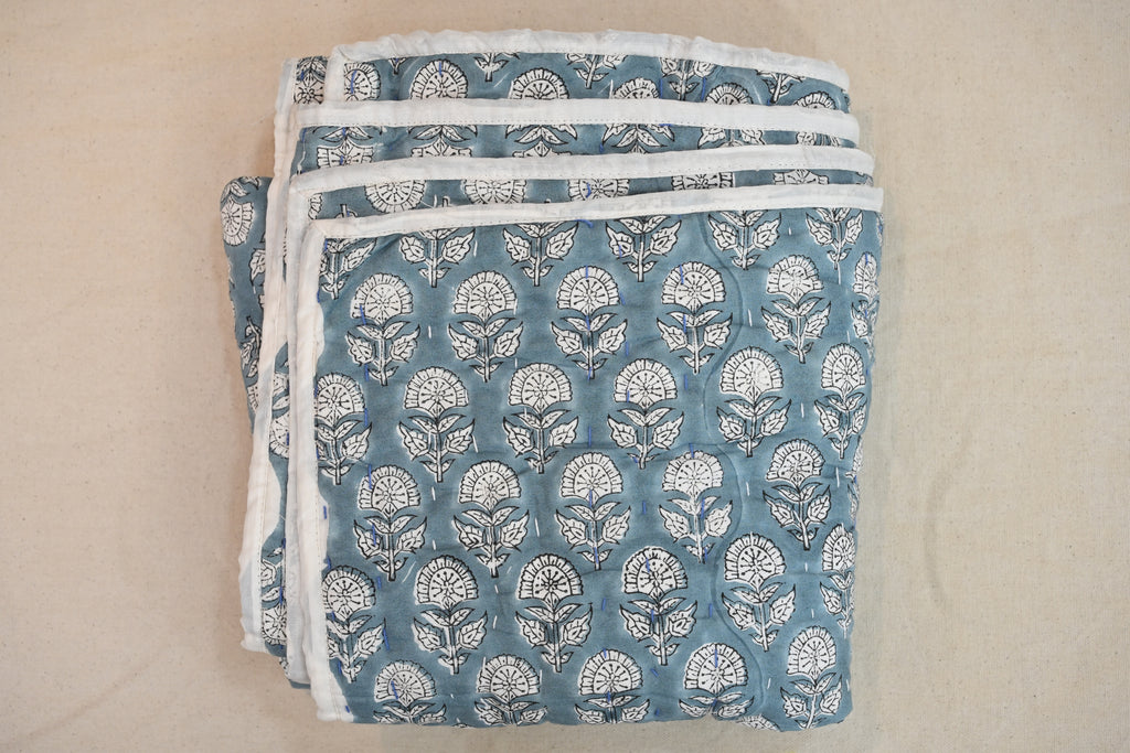 Yellow & Grey Mughal Floral Hand Block Print Cotton Quilt