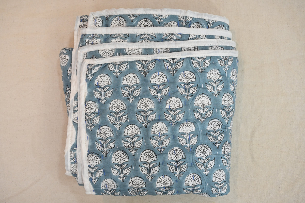 Yellow & Grey Mughal Floral Hand Block Print Cotton Quilt
