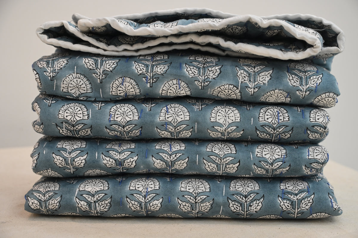Yellow & Grey Mughal Floral Hand Block Print Cotton Quilt