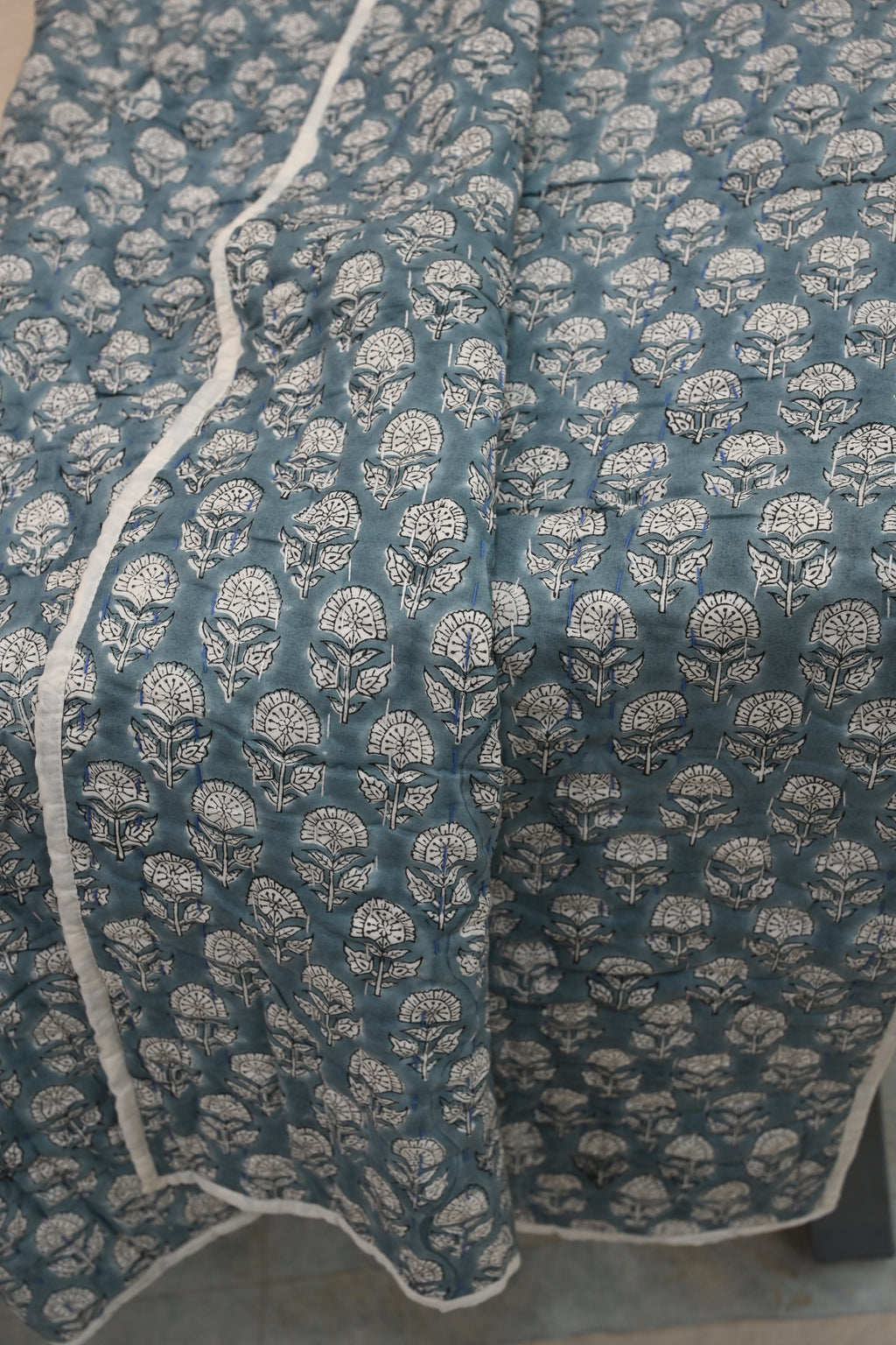 Yellow & Grey Mughal Floral Hand Block Print Cotton Quilt