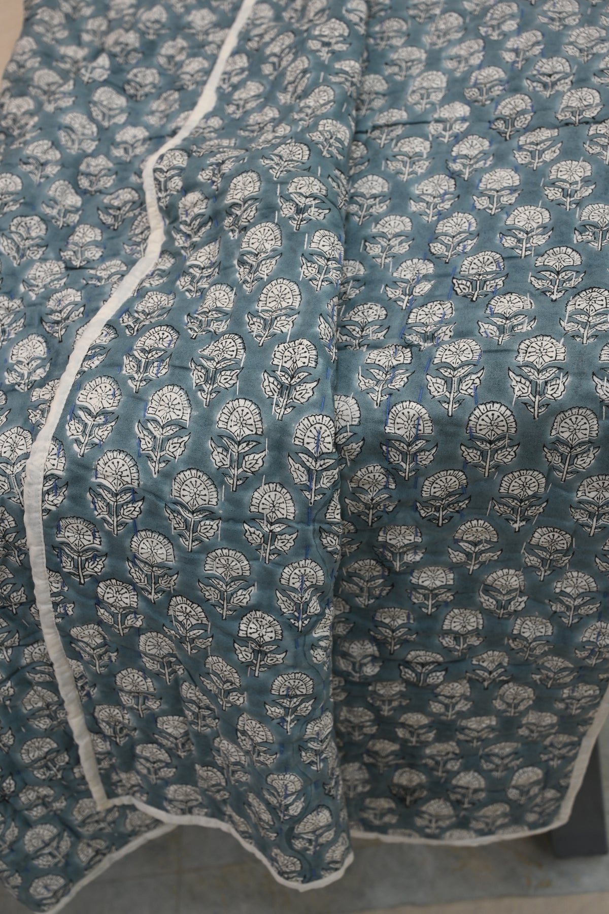 Yellow & Grey Mughal Floral Hand Block Print Cotton Quilt