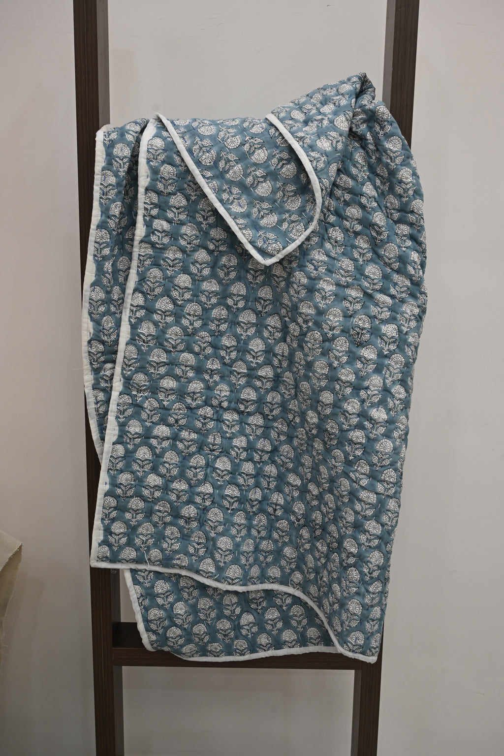 Yellow & Grey Mughal Floral Hand Block Print Cotton Quilt