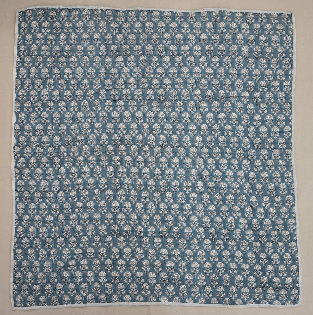 Yellow & Grey Mughal Floral Hand Block Print Cotton Quilt