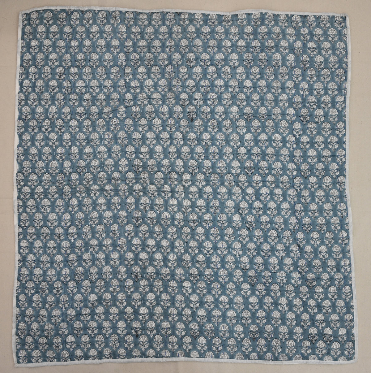 Yellow & Grey Mughal Floral Hand Block Print Cotton Quilt