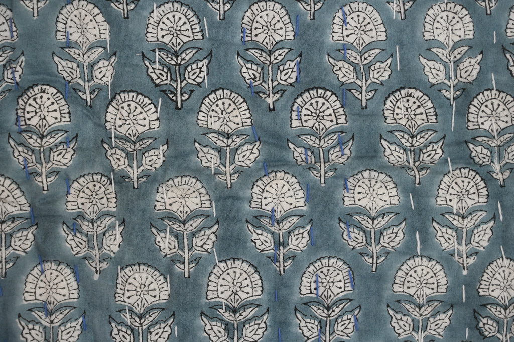 Yellow & Grey Mughal Floral Hand Block Print Cotton Quilt