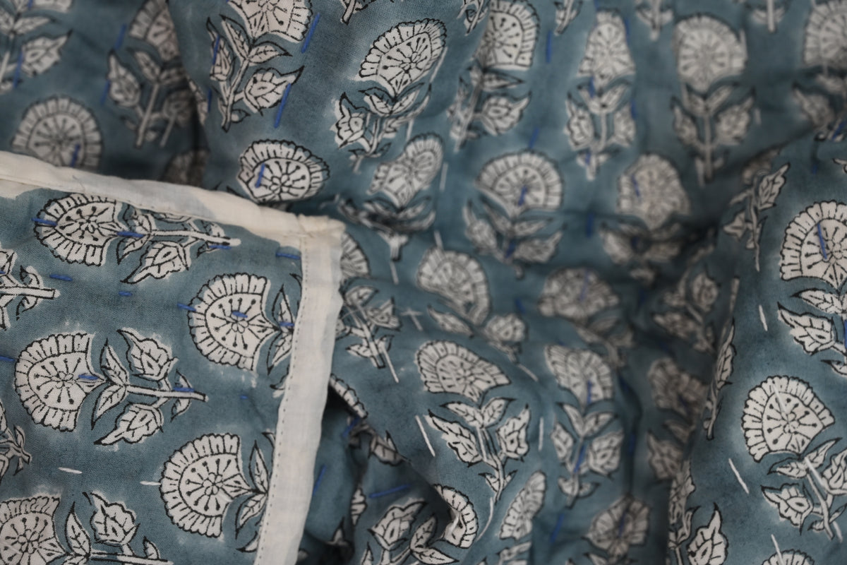 Yellow & Grey Mughal Floral Hand Block Print Cotton Quilt