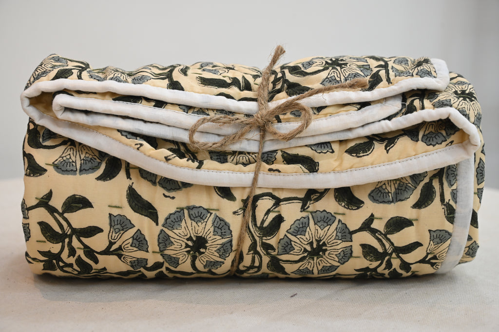 Andrea Ice Blue Floral Hand Block Print Cotton Quilt