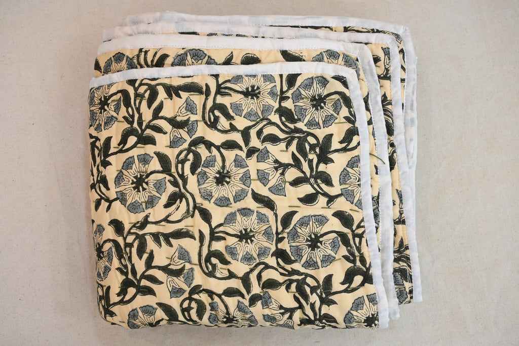 Andrea Ice Blue Floral Hand Block Print Cotton Quilt