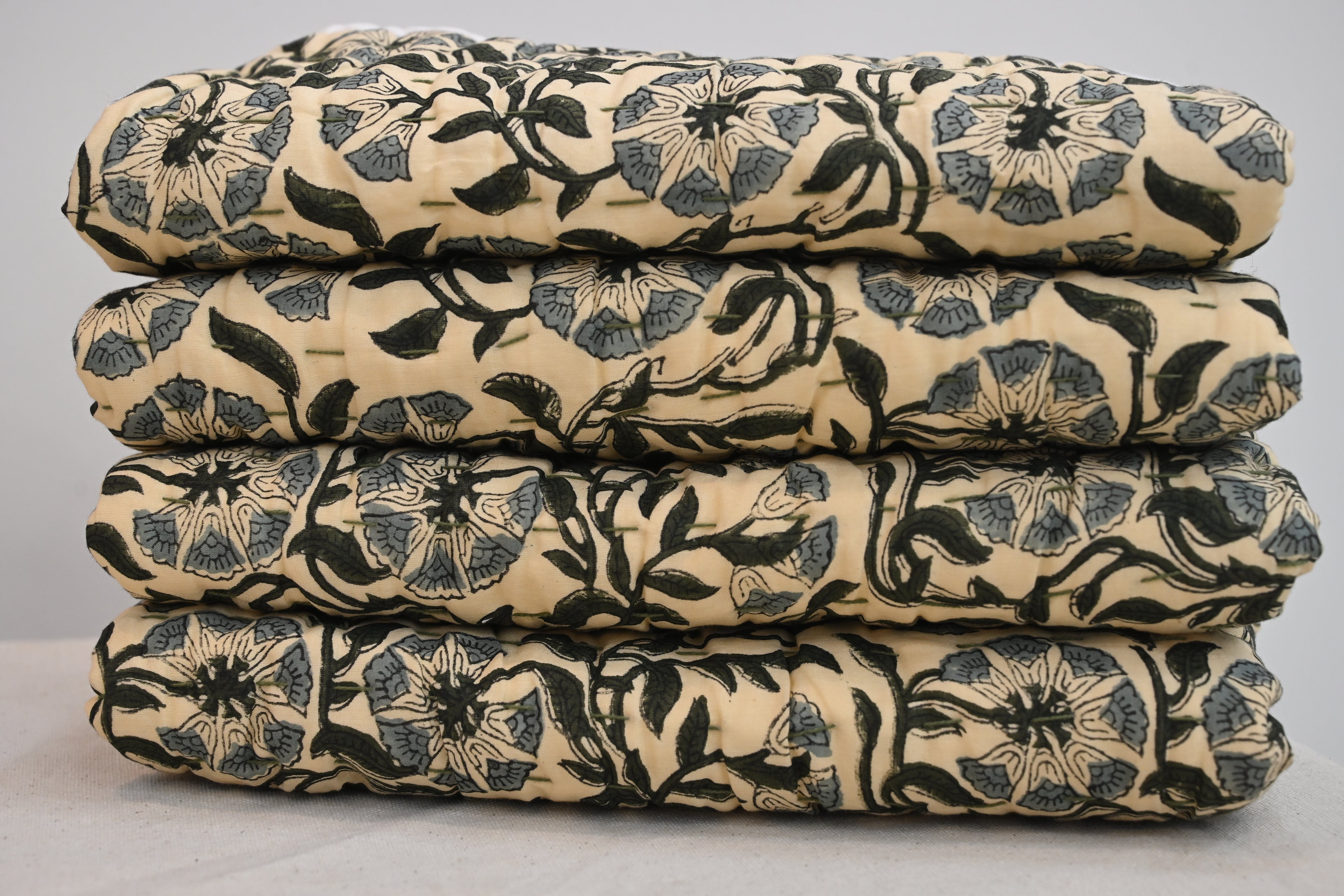 Andrea Ice Blue Floral Hand Block Print Cotton Quilt
