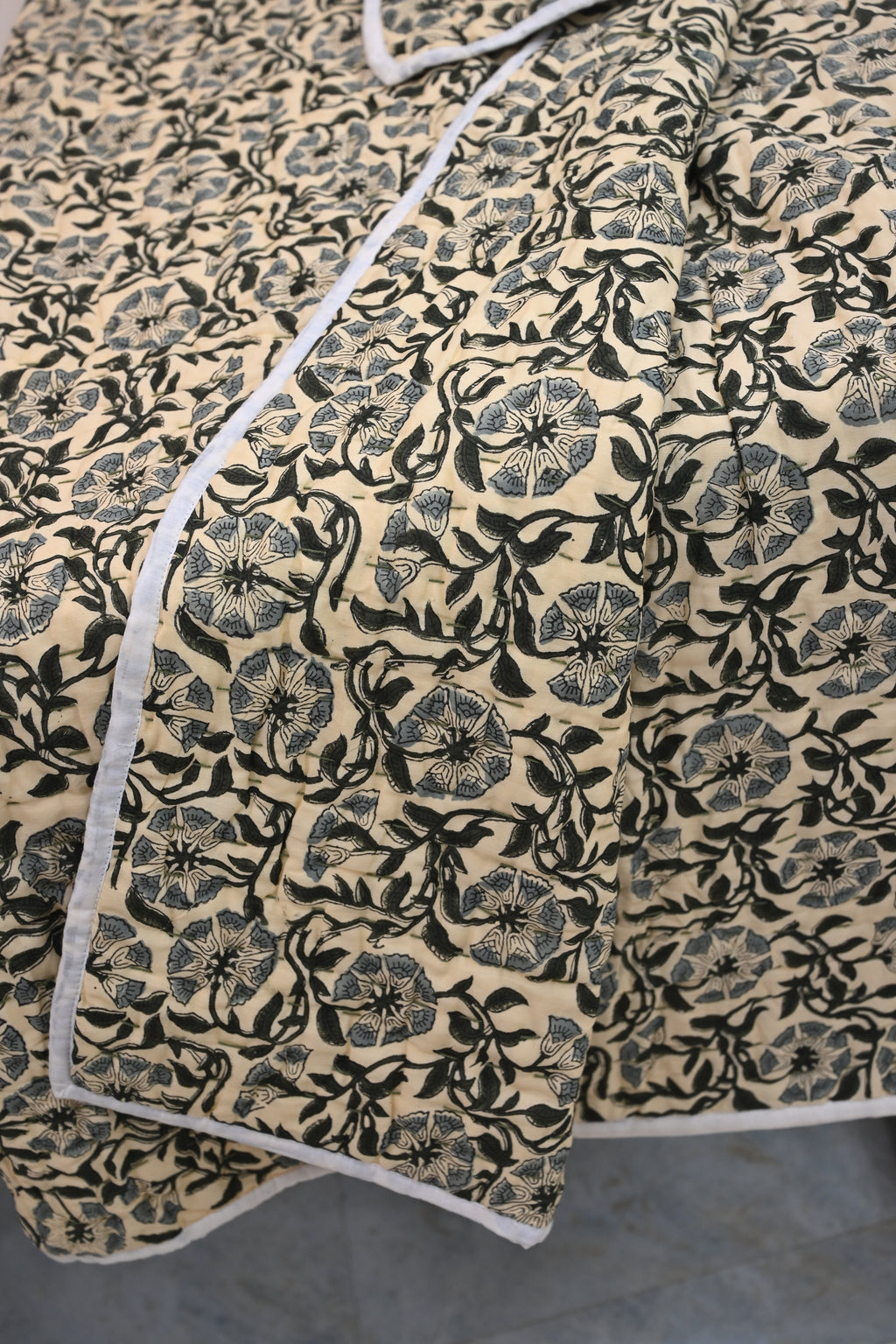 Andrea Ice Blue Floral Hand Block Print Cotton Quilt