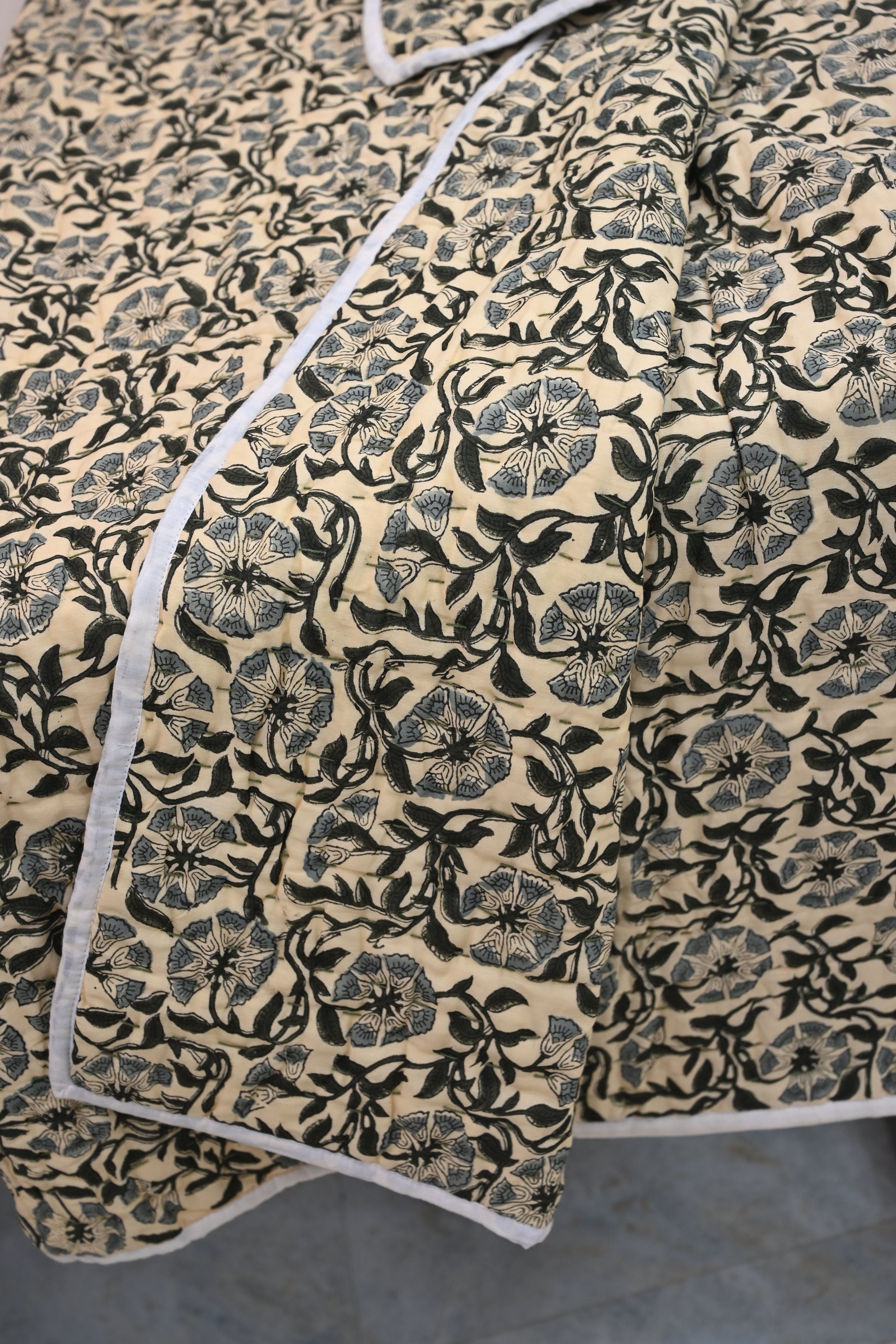 Andrea Ice Blue Floral Hand Block Print Cotton Quilt