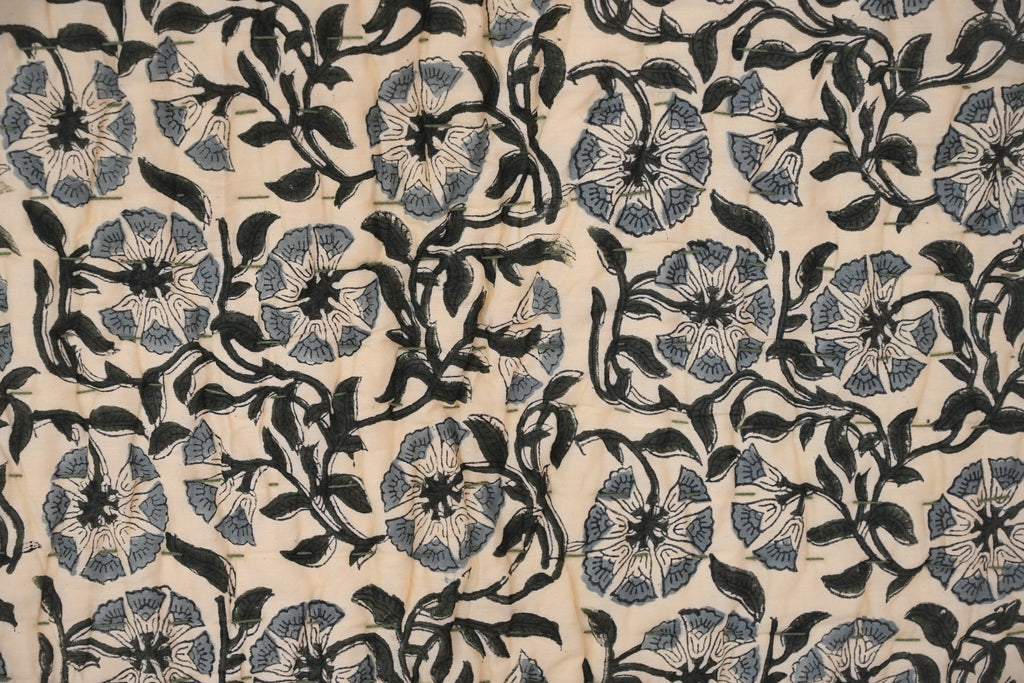 Andrea Ice Blue Floral Hand Block Print Cotton Quilt