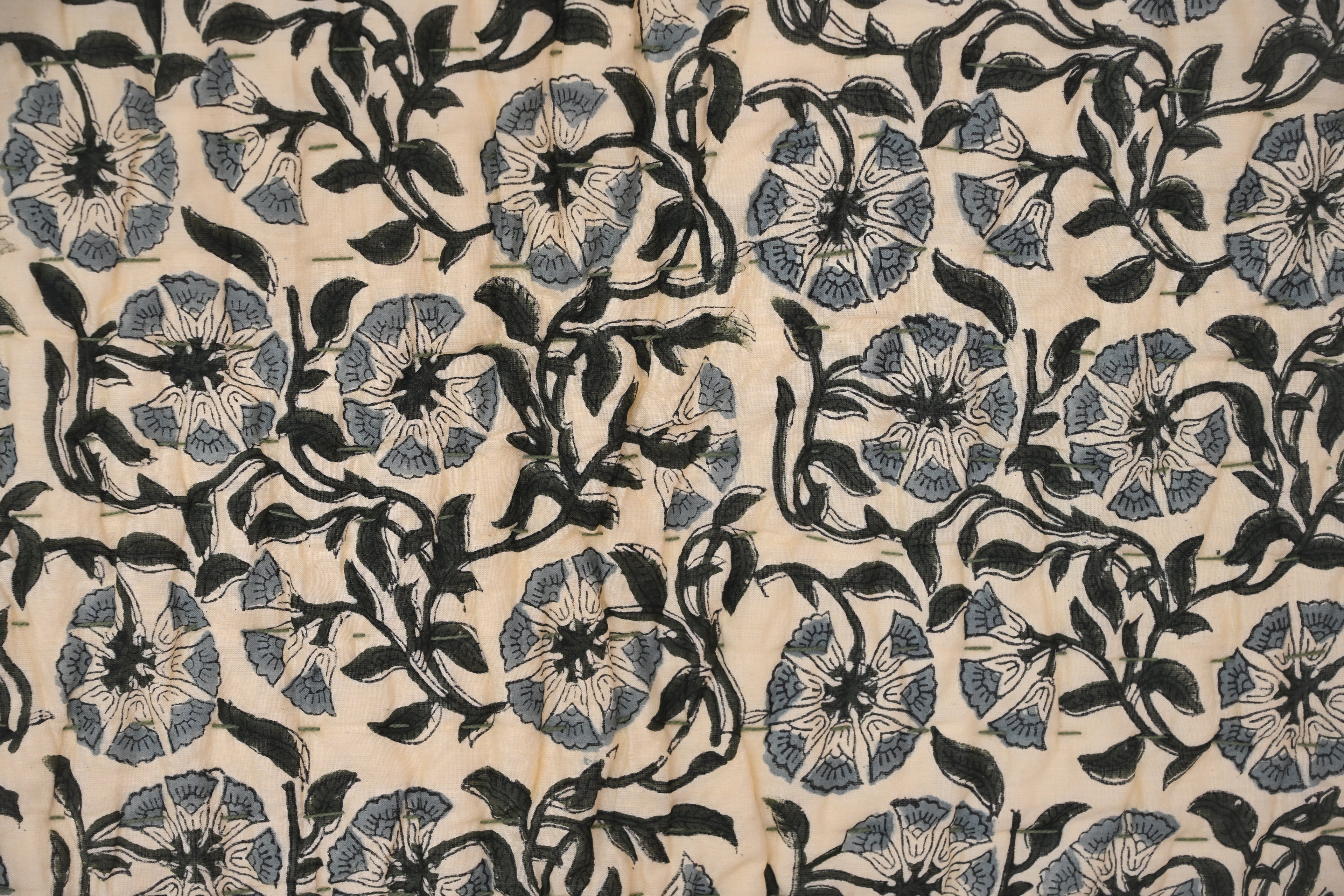 Andrea Ice Blue Floral Hand Block Print Cotton Quilt