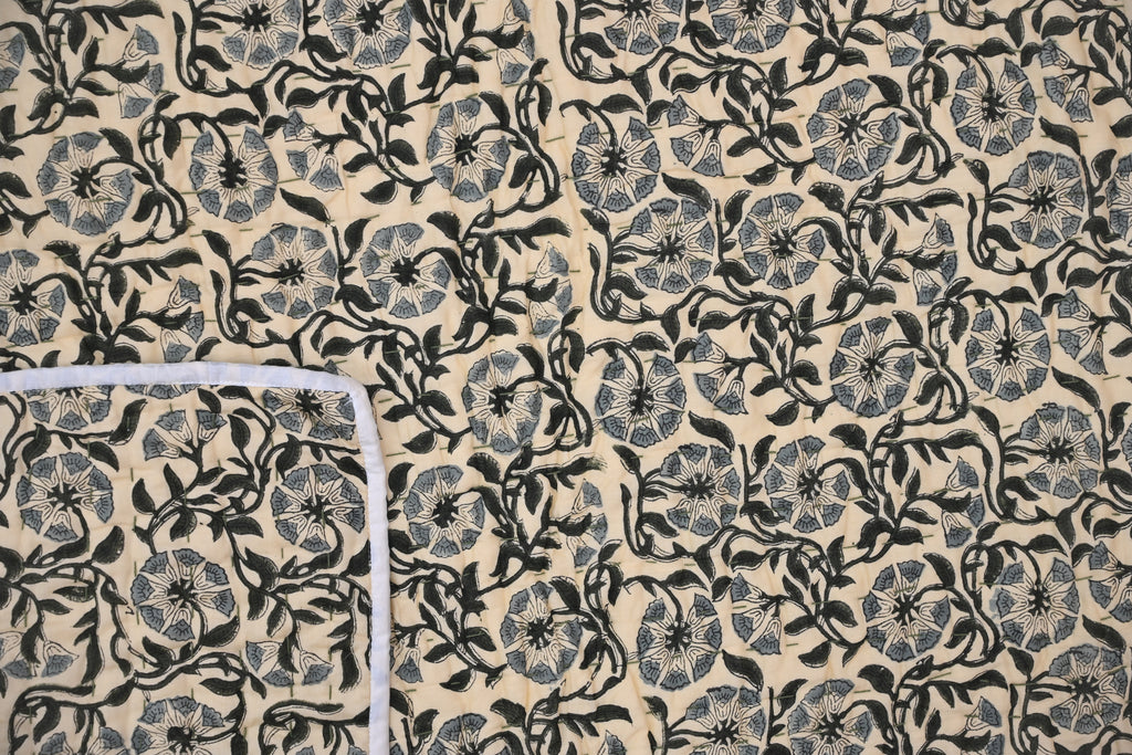 Andrea Ice Blue Floral Hand Block Print Cotton Quilt