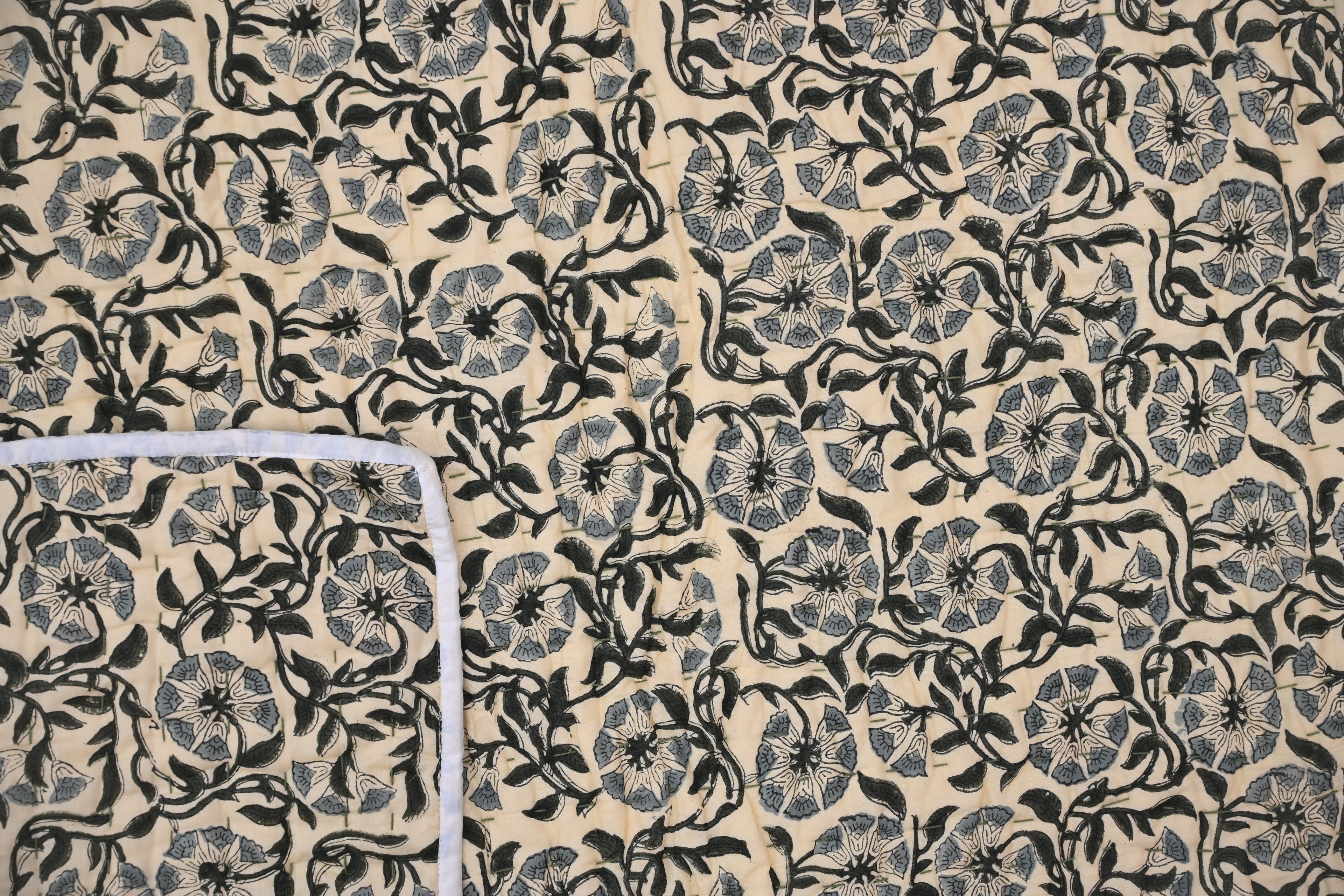 Andrea Ice Blue Floral Hand Block Print Cotton Quilt