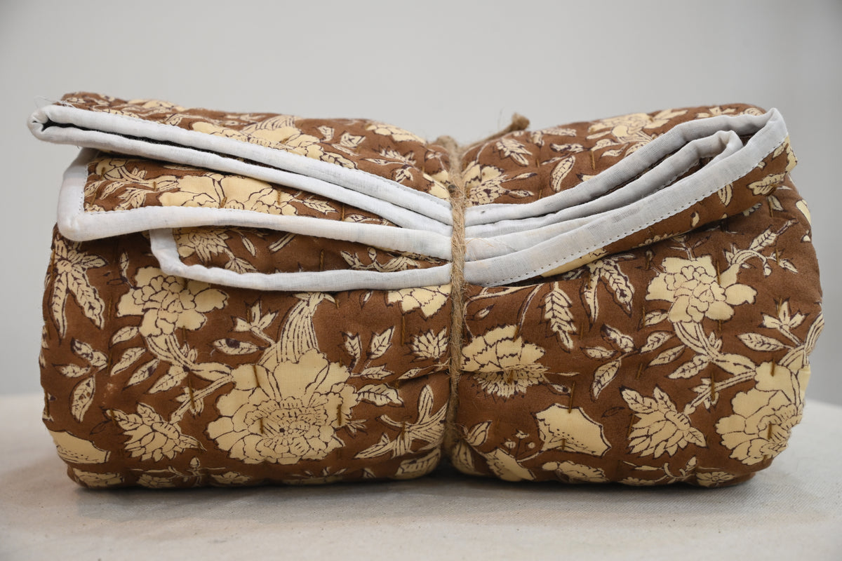 Brown & Cream Mughal Floral Hand Block Print Cotton Quilt