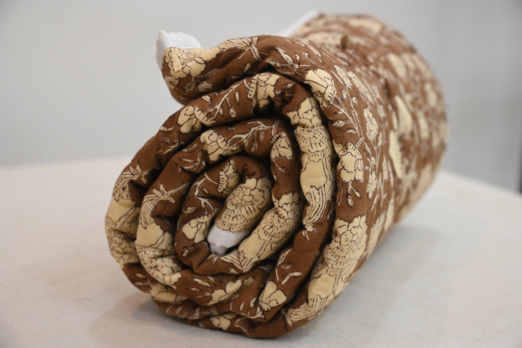 Brown & Cream Mughal Floral Hand Block Print Cotton Quilt