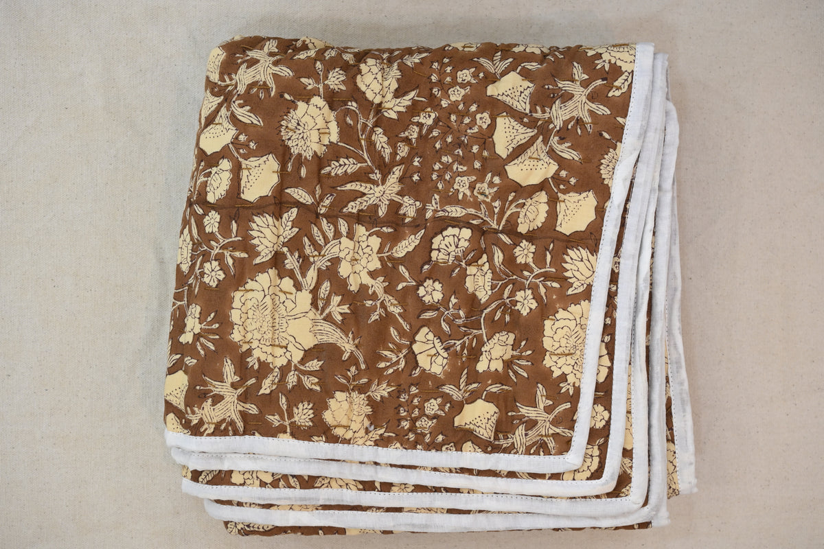 Brown & Cream Mughal Floral Hand Block Print Cotton Quilt