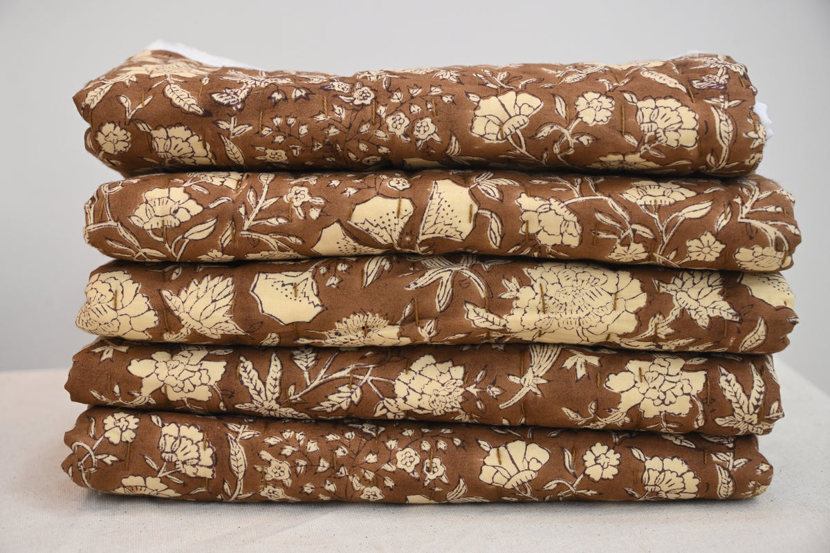 Brown & Cream Mughal Floral Hand Block Print Cotton Quilt