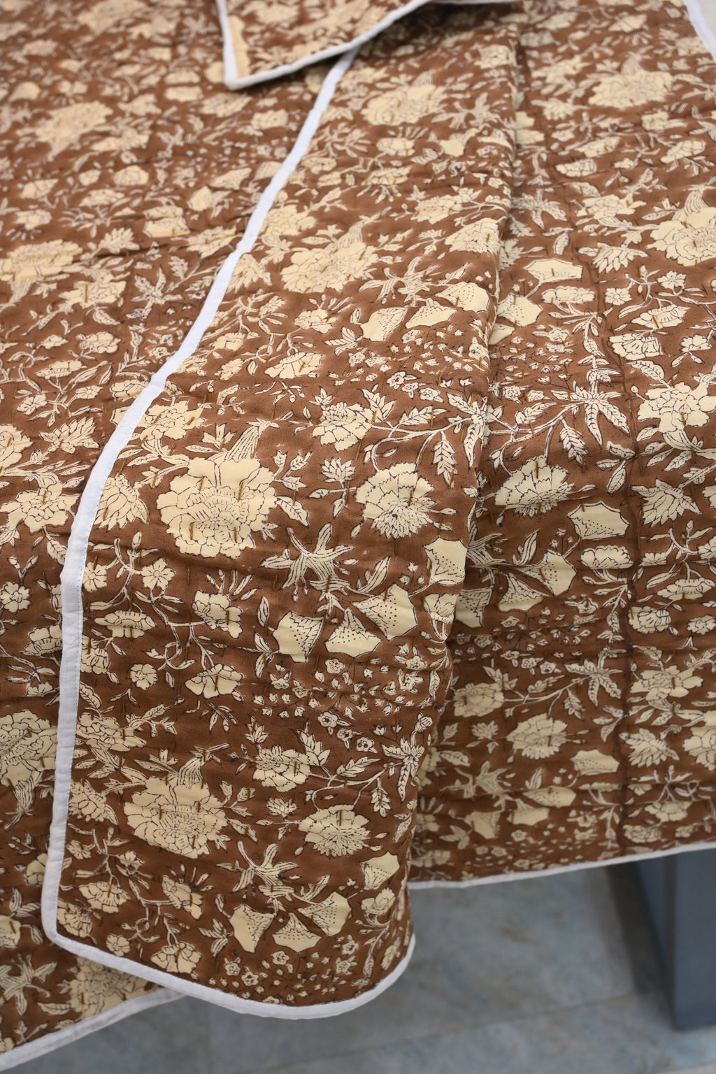 Brown & Cream Mughal Floral Hand Block Print Cotton Quilt