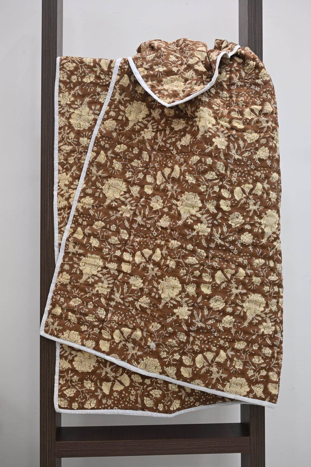 Brown & Cream Mughal Floral Hand Block Print Cotton Quilt